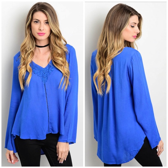 Tops - Blue Lace Long Sleeve Blouse